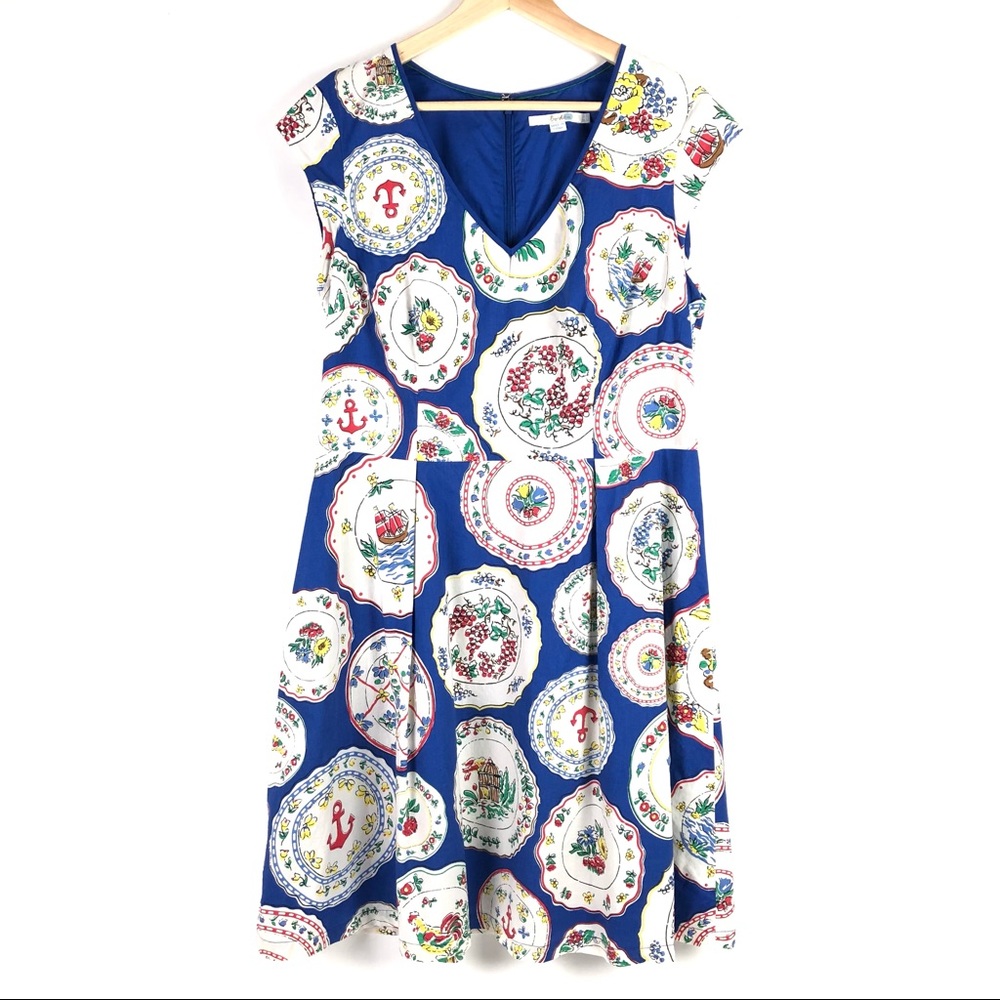 Boden Blue Floral Plate-Print Midi Dress